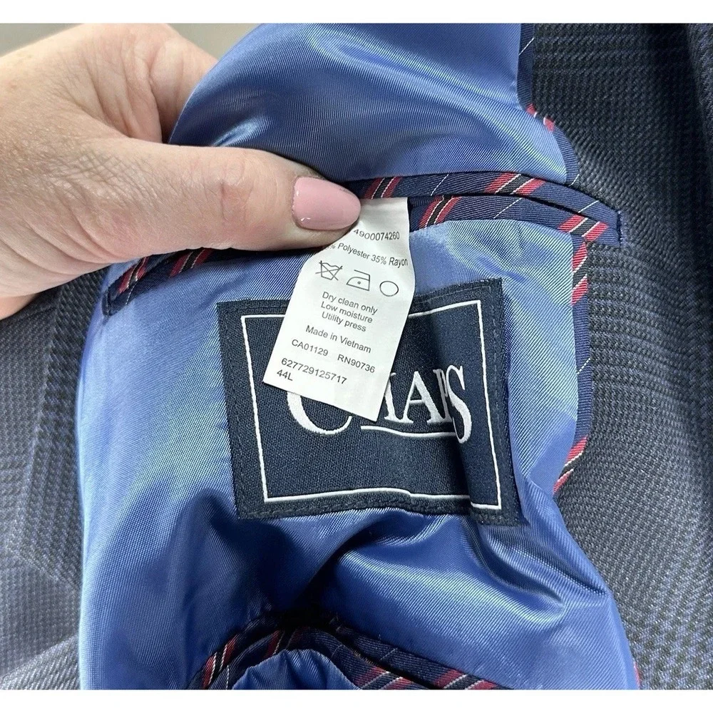 Chaps Men's 44L Two Button Blue Blazer Glen Check Plaid Sport Coat Preppy Office
